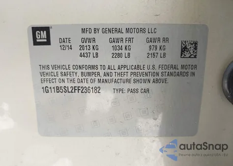 2015 Chevrolet Malibu Ls z USA, uszkodzony, nr VIN 1G11B5SL2FF236182